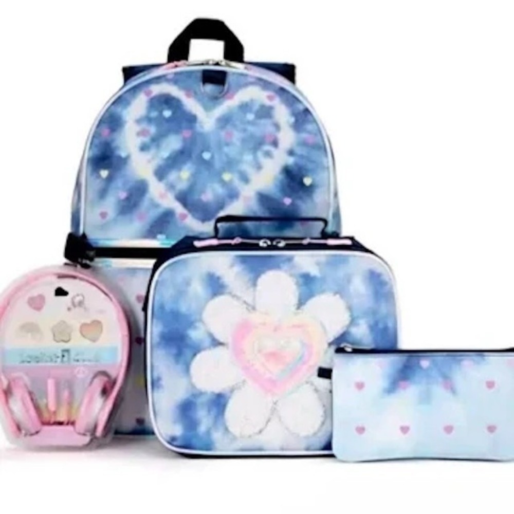 Locker Club 4 Piece Backpack Set Lunch Bag Headphones Blue Tie Dye NWT